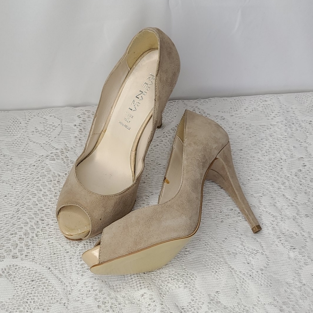 Barbara Renzi leather peep toe tan heels sz 9